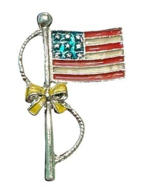 American Flag Brooch Patriotic Pin Yellow Ribbon Enamel Silver Tone USA Jewelry